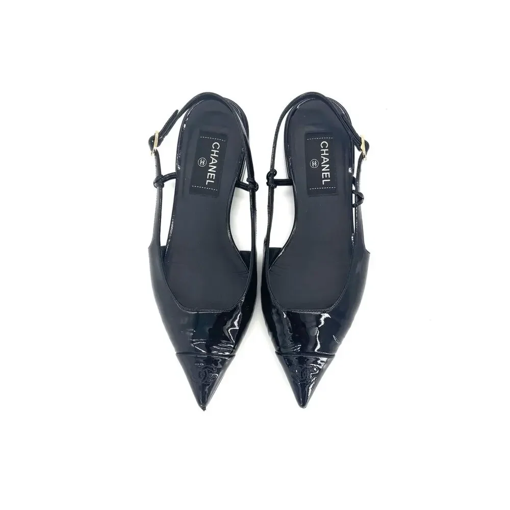 Chanel CC Logo Cap Toe Black Patent Leather Slingback Flats 37.5